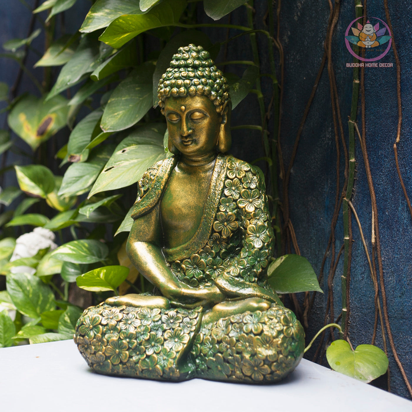 Floral Buddha Statue – 17" or 27.5" | Green Bronze Finish | Meditation Shakyamuni | Resin Handcrafted Buddhist Decor from Vietnam