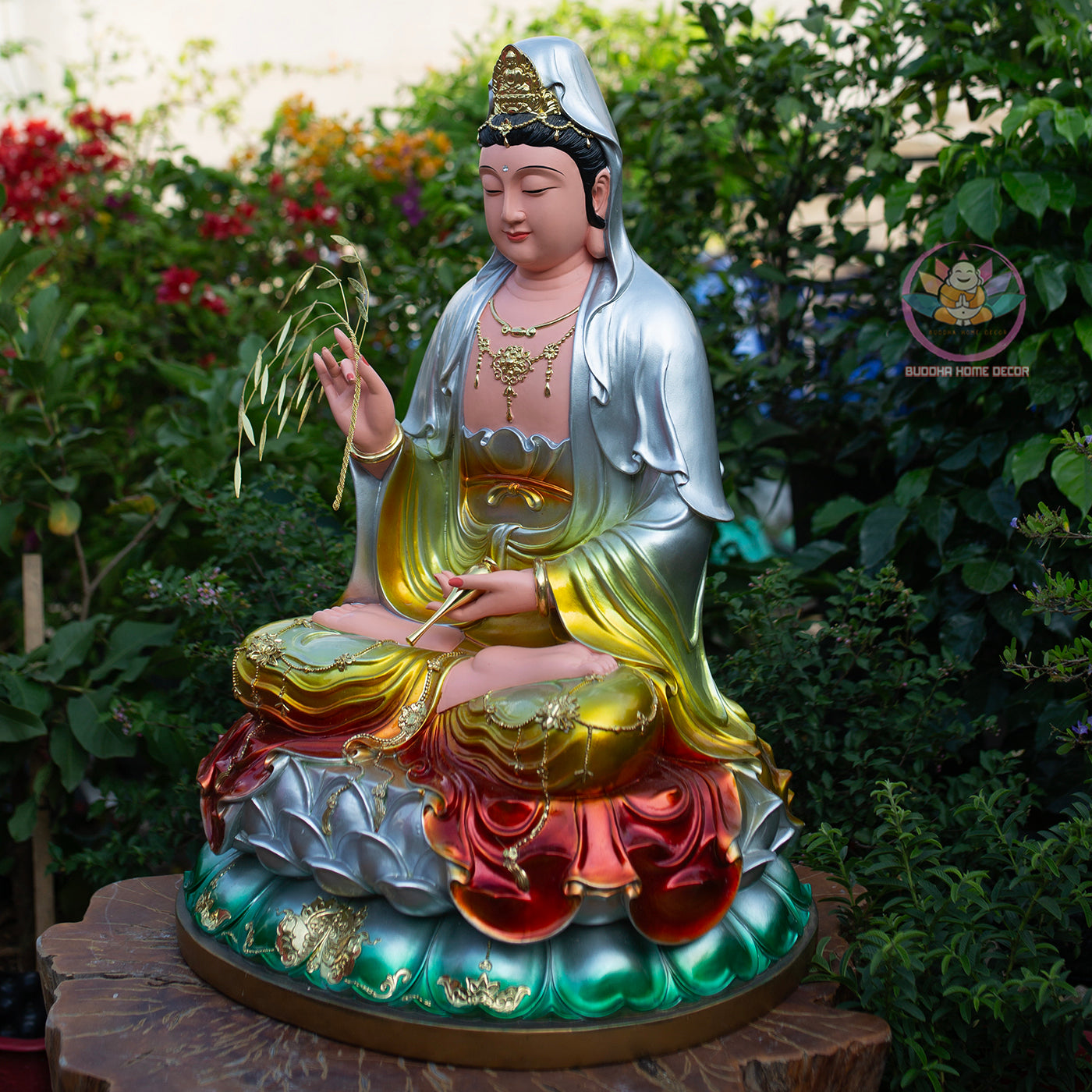 Multi-Color Quan Yin Statue 19.7" | Composite Resin and Stone Powder | Hand-Painted Guanyin Bodhisattva on Lotus Base | Buddhist Altar Decor