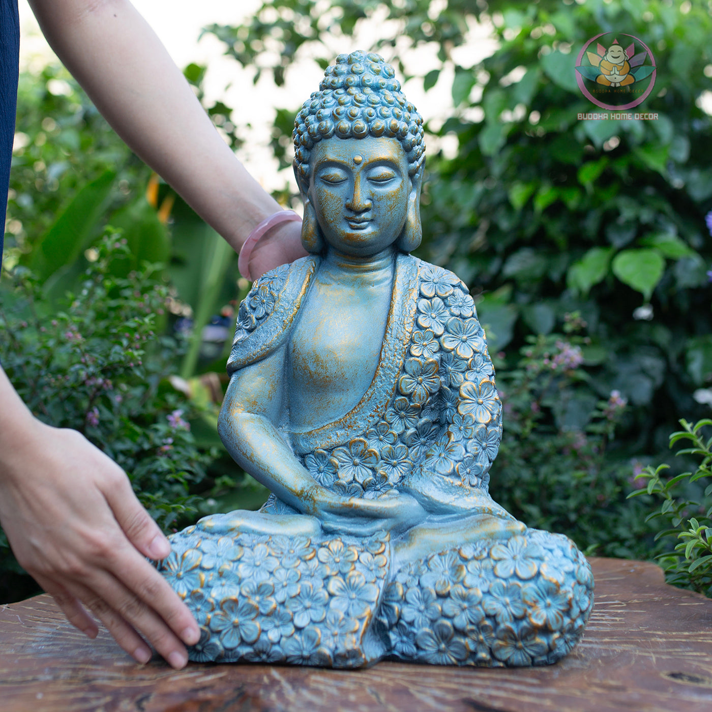 Shakyamuni Buddha Statue – Blue Floral Meditation Sculpture – Zen Home Decor, Buddhist Altar Ornament, Mindfulness Spiritual Gift