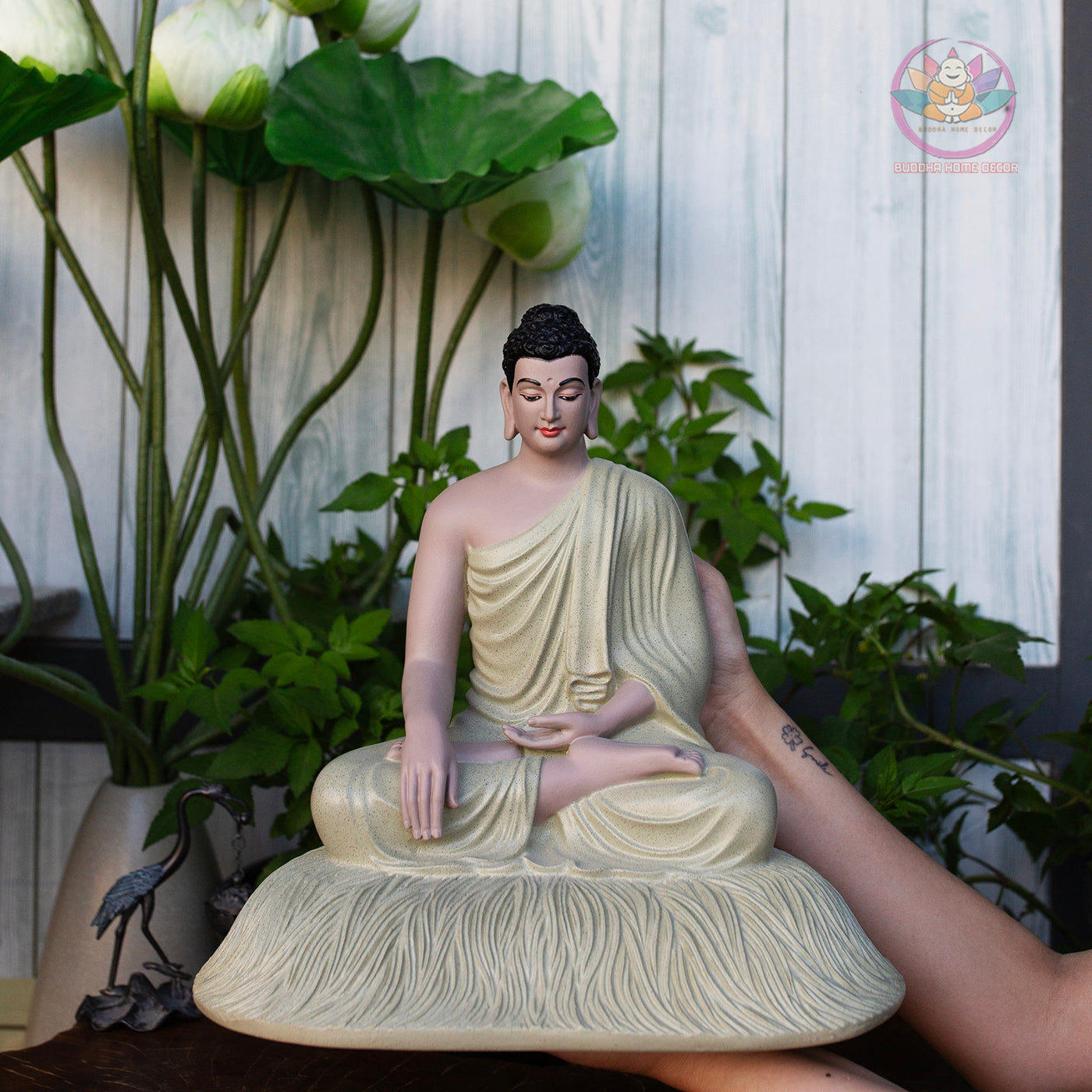 Cream White Shakyamuni Buddha Statue – 11.8" Resin Sculpture on Lotus Base | Elegant Buddhist Decor for Meditation & Home Altar