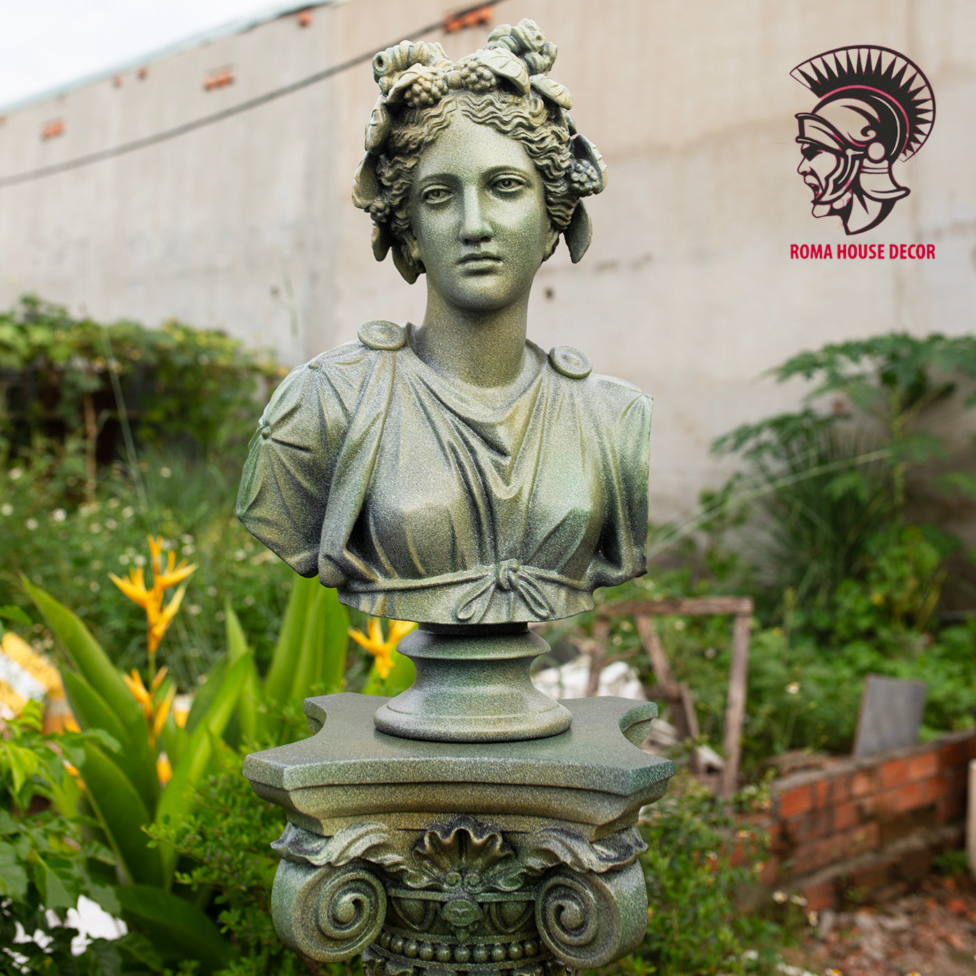 Greek Goddess Artemis Bust with Corinthian Column – Classic Roman Style Sculpture Set, Green Stone Finish (20.8" & 30.7")