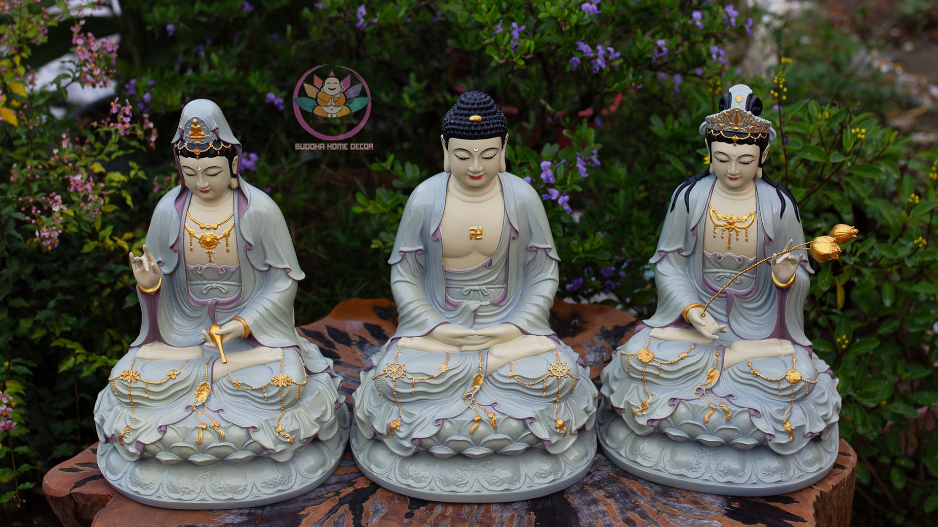 Amitabha Buddha Statue Set 11.8" | Composite Resin and Stone Powder | Buddhist Altar Decor
