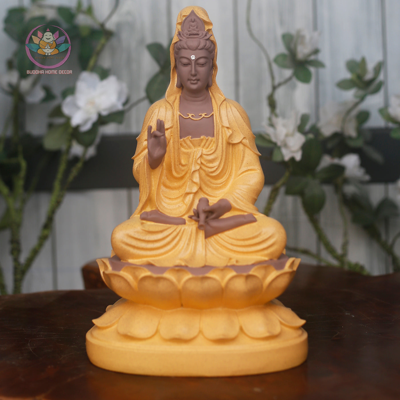 Yellow Robe Guanyin Statue – 11.8" Avalokiteshvara on Lotus Base | Kwan Yin Resin Sculpture for Altar & Zen Decor