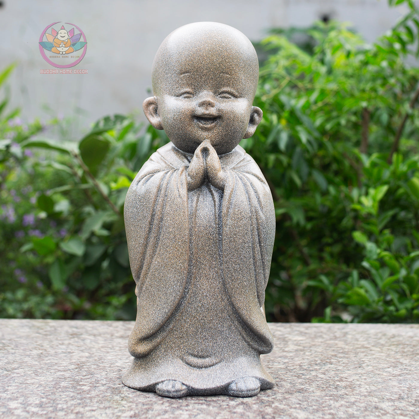 Happy Little Monk Statue Set 15.7" | Composite Resin and Stone Powder | Antique Stone Finish | Zen Monk Figurines for Home and Garden Decor