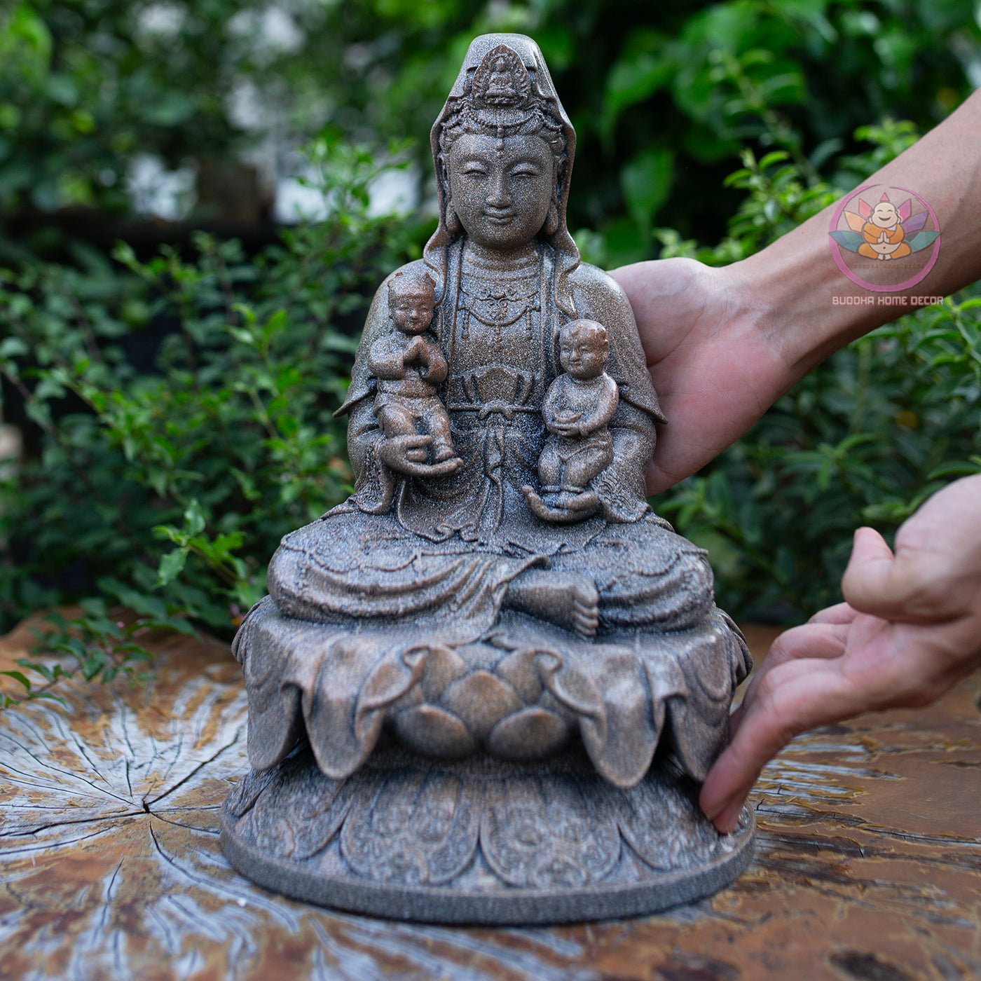 Quan Yin with Children Statue 11.8" | Granite Stone Finish | Guanyin Bodhisattva for Home Altar and Decor