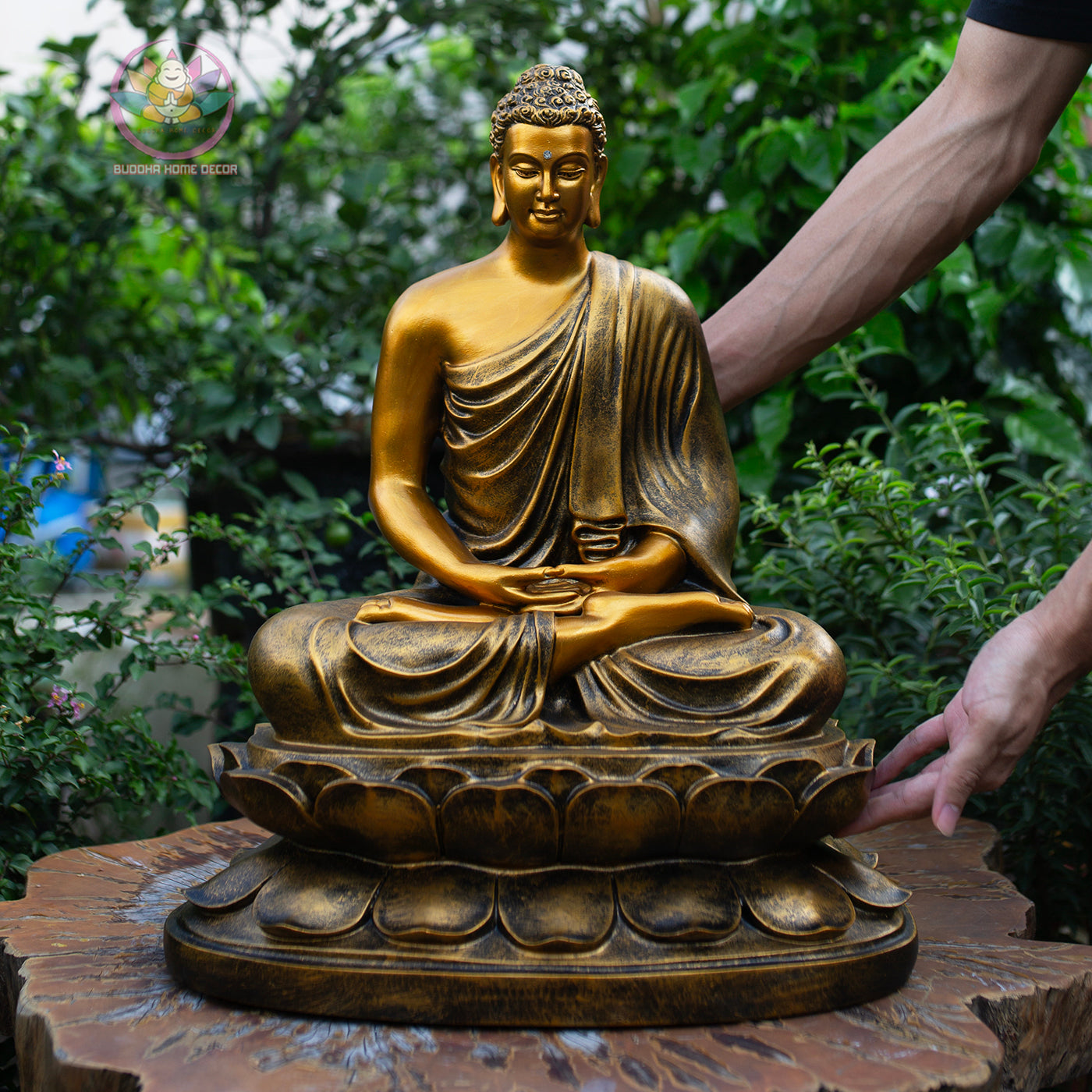 Buddha Statue Set – Shakyamuni 50 cm, Ksitigarbha and Quan Yin 40 cm | Composite Resin and Stone Powder | Golden Finish Buddhist Altar Decor