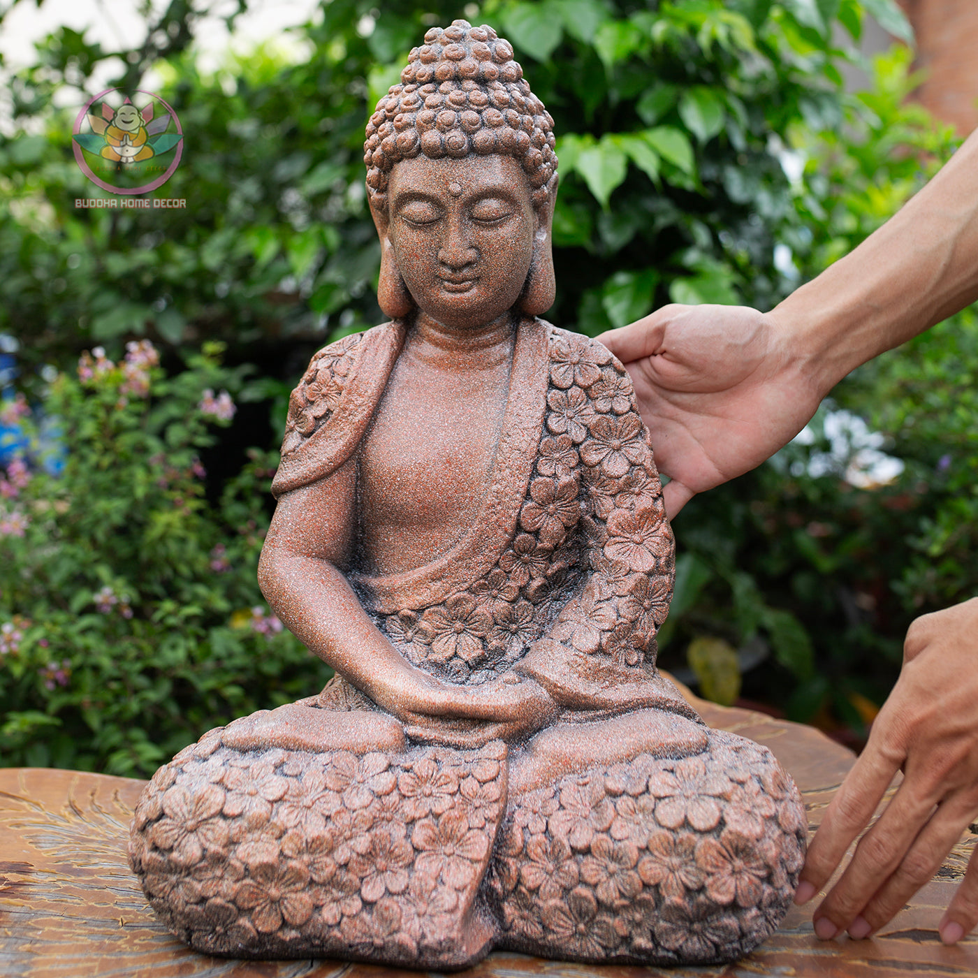 Floral Robe Seated Buddha 16.9" – Meditating Buddha Statue for Home & Garden Decor