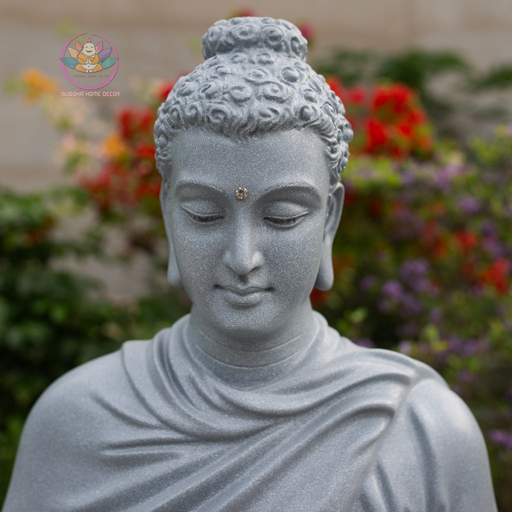 Shakyamuni Buddha Statue 23.6" | Composite Resin and Stone Powder | Gray Stone Finish