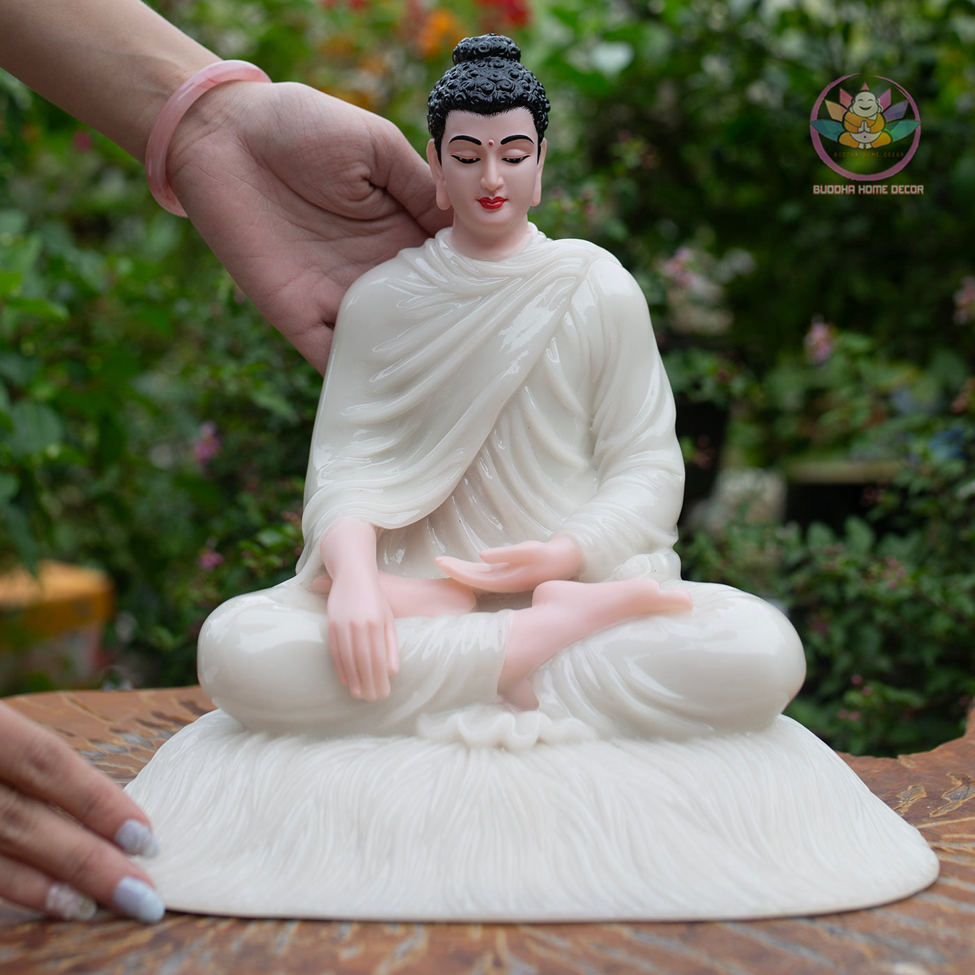 Shakyamuni Buddha Statue 11.8" – Glossy White Resin Meditation Figurine, Seated Buddhist Sculpture for Zen Home Altar, Yoga Studio Decor