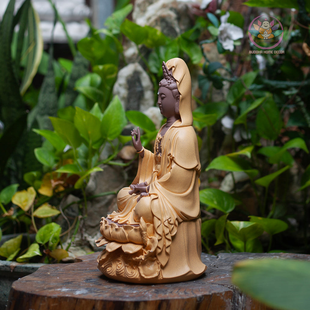 Matte Beige Guanyin Statue 11.8” | Kuan Yin Goddess of Mercy Figurine | Resin Sculpture for Altar, Zen Home, Meditation, Spiritual Gift