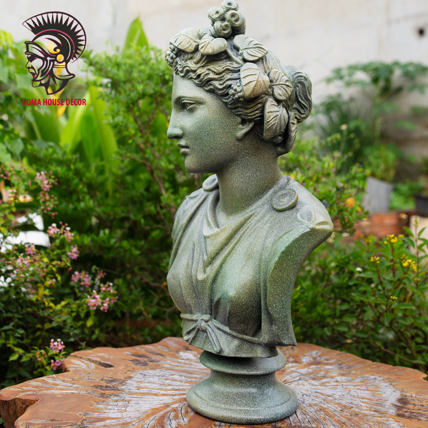 Greek Goddess Artemis Bust with Corinthian Column – Classic Roman Style Sculpture Set, Green Stone Finish (20.8" & 30.7")