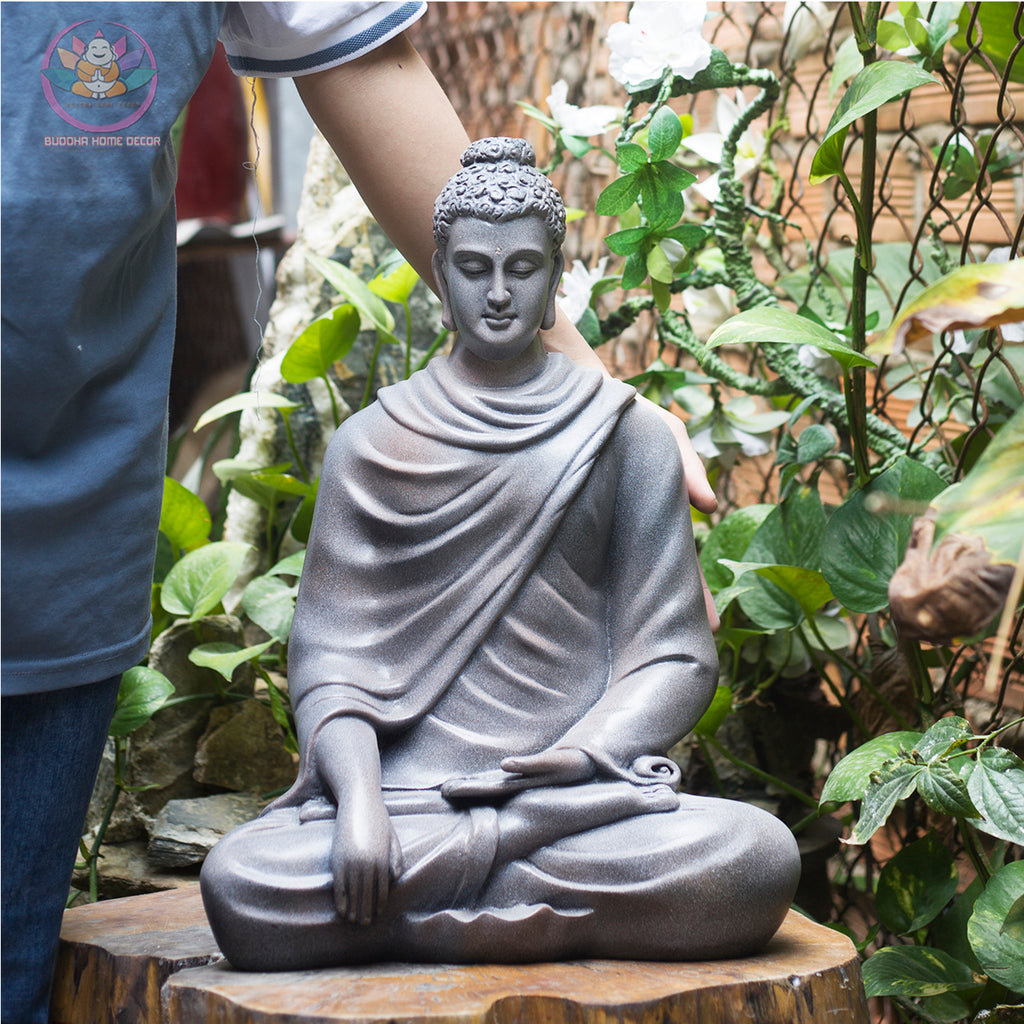 Stone-Textured Buddha Statue – 18.1" (46cm) Shakyamuni in Meditation | Earthy Gray Resin Finish | Handcrafted Vietnamese Altar Sculpture