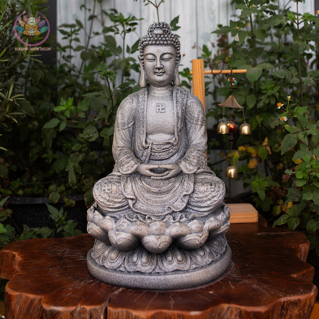 Amitabha Buddha Statue – Gray Stone Finish Resin Sculpture – Zen Meditation Decor, Buddhist Altar Ornament, Spiritual Gift