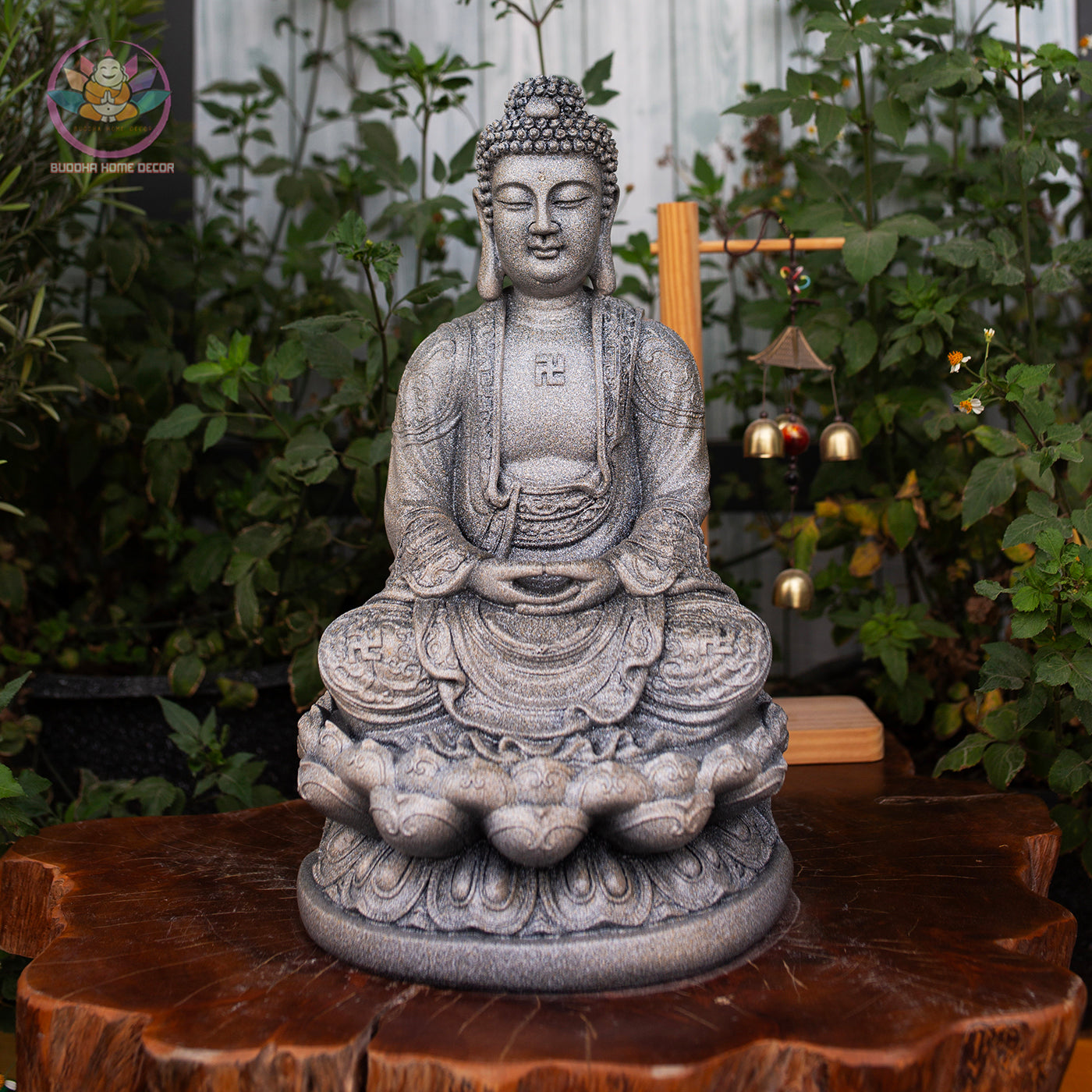 Amitabha Buddha Statue – Gray Stone Finish Resin Sculpture – Zen Meditation Decor, Buddhist Altar Ornament, Spiritual Gift