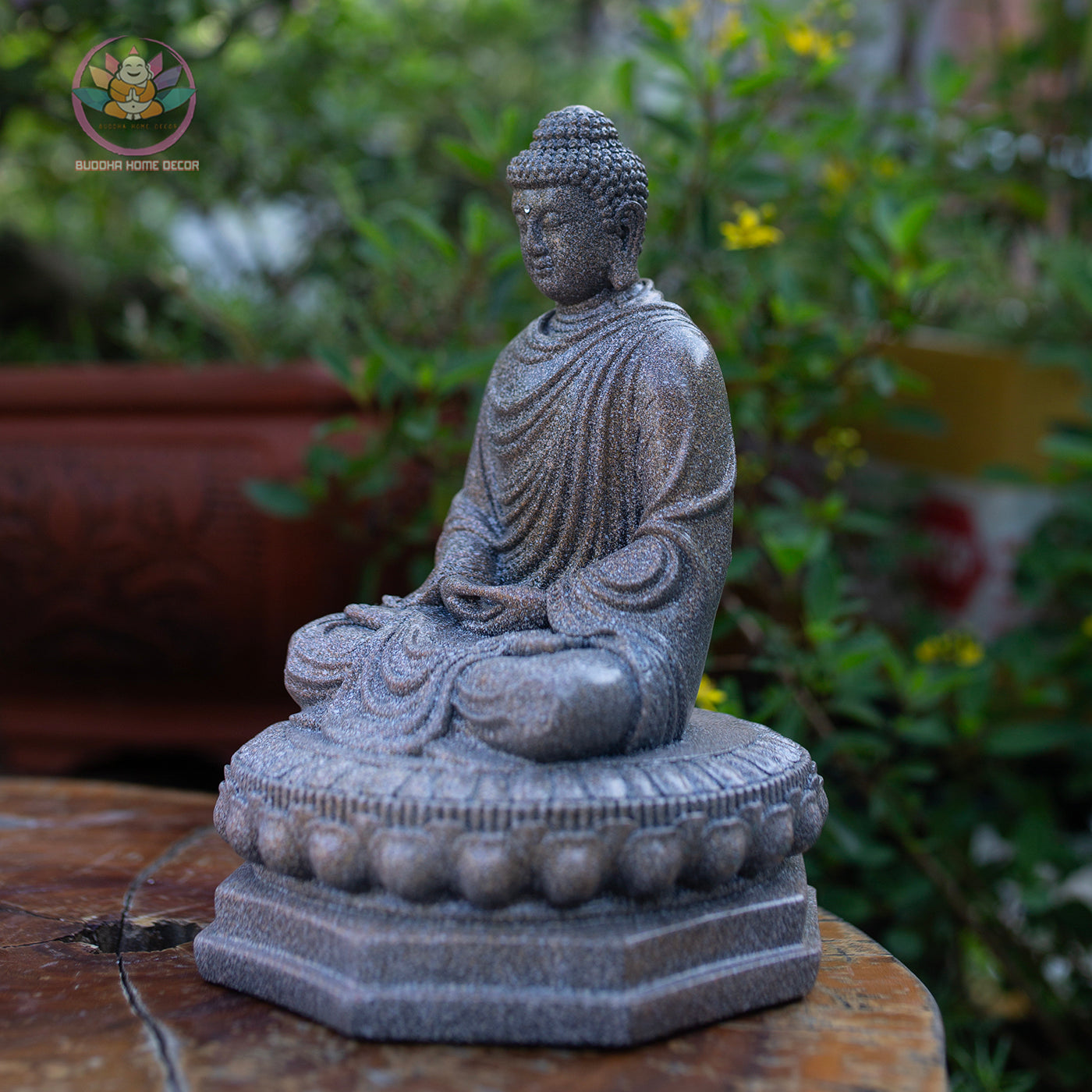 Shakyamuni Buddha Statue | Composite Resin and Stone Powder | Granite Stone Finish | Seated Meditation Buddha on Lotus Pedestal
