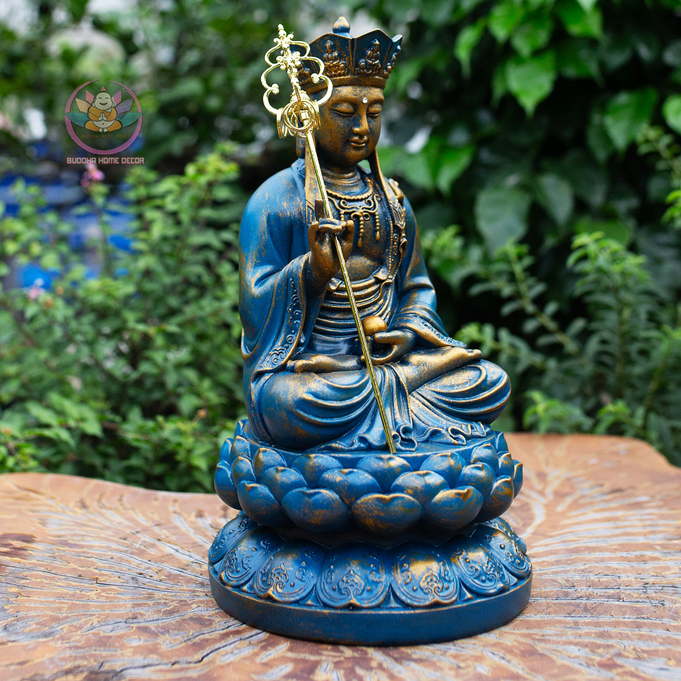 Ksitigarbha Bodhisattva Statue 11.8" – Blue Gold Finish Jizo on Lotus Pedestal