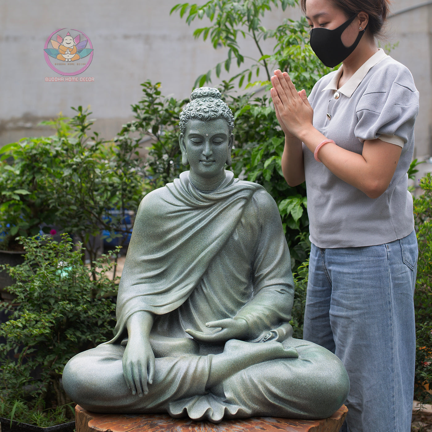 Shakyamuni Buddha Statue 29.5" – Large Resin & Stone Powder Buddha in Stone Grey or Light Teal Finish