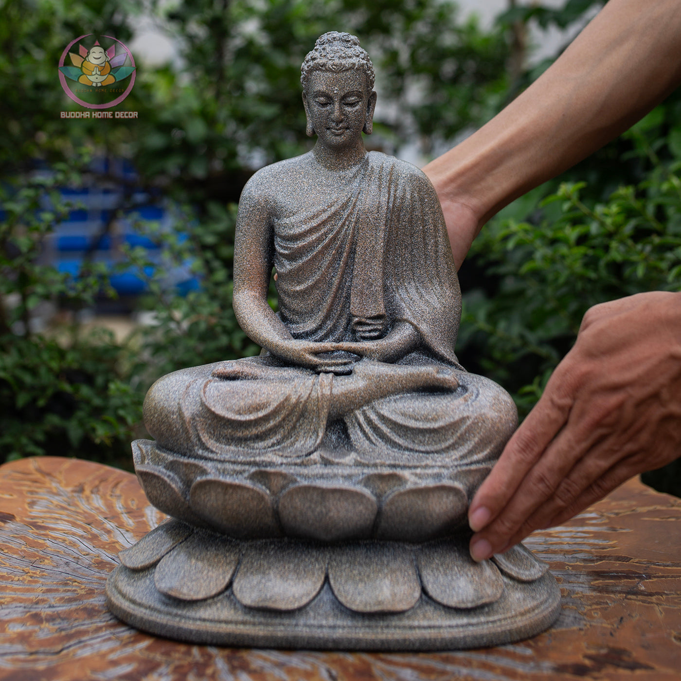 Buddha Trio Statue Set – Shakyamuni (32 cm), Ksitigarbha & Guanyin (30 cm) – Antique Stone Finish