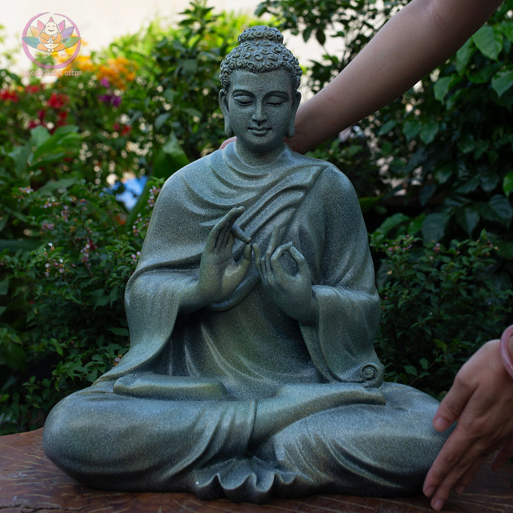 Granite-Style Buddha Statue – 19.7" (50cm) Vitarka Mudra | Shakyamuni Turning Dharma Wheel | Stone-Look Resin Sculpture | Vietnam Handmade