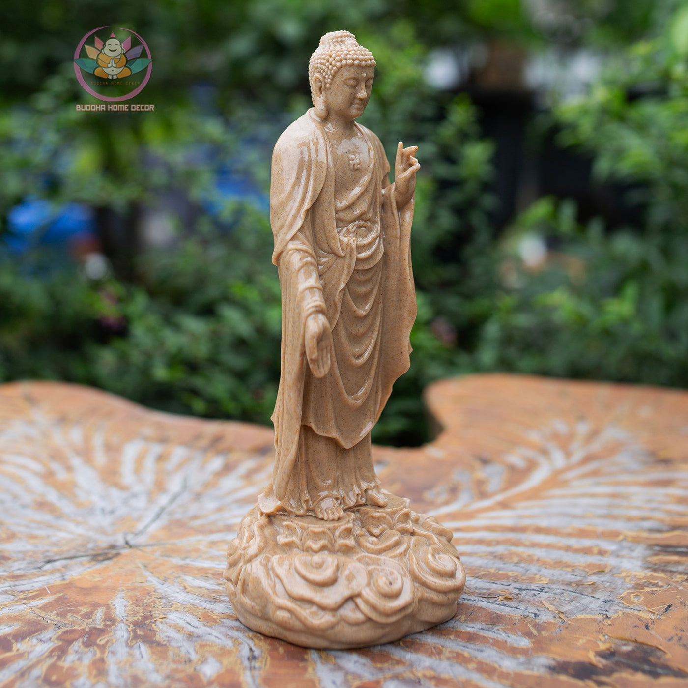 Amitabha Buddha Statue – 9" Standing Buddha on Lotus Base | Resin Stone Finish