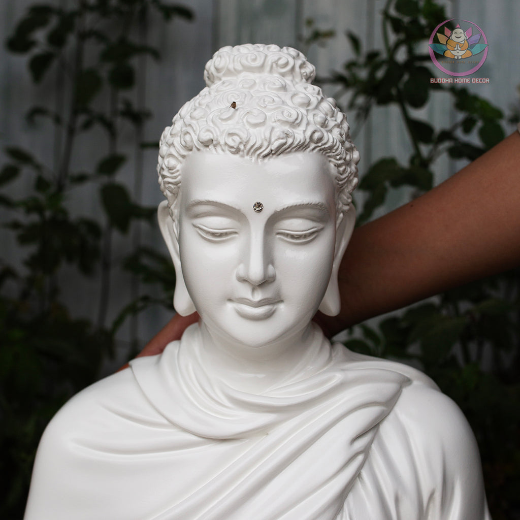 Silver Stone Buddha Statue – 20.5" (52cm) Shakyamuni in Meditation | Metallic Matte Finish | Handcrafted Resin Sculpture from Vietnam