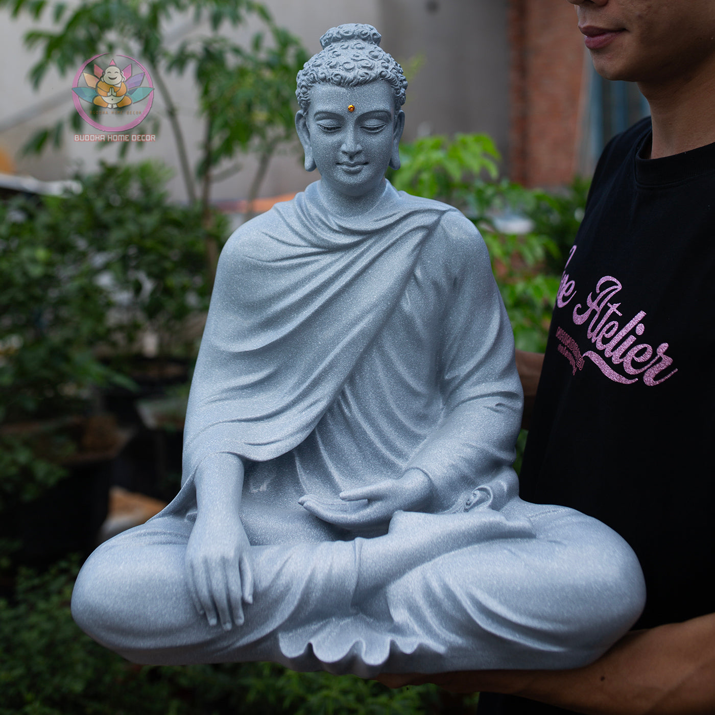 Large Buddha Statue 19.7" – Shakyamuni Meditation Sculpture in Light Stone Finish
