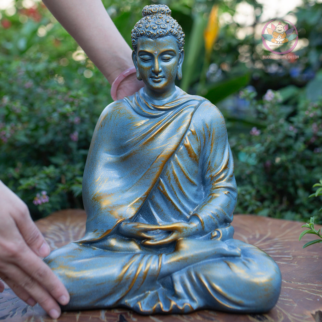 Large Blue Buddha Statue 13.8” | Meditating Buddha Figurine | Resin Sculpture for Altar, Zen Garden, Yoga Studio, Spiritual Gift