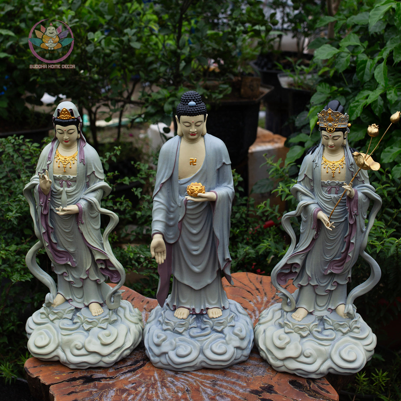 Amitabha Trinity set (Amitabha Buddha with Avalokiteshvara & Mahasthamaprapta) – 50 cm Resin Statue Set – Cloud Pedestal Design