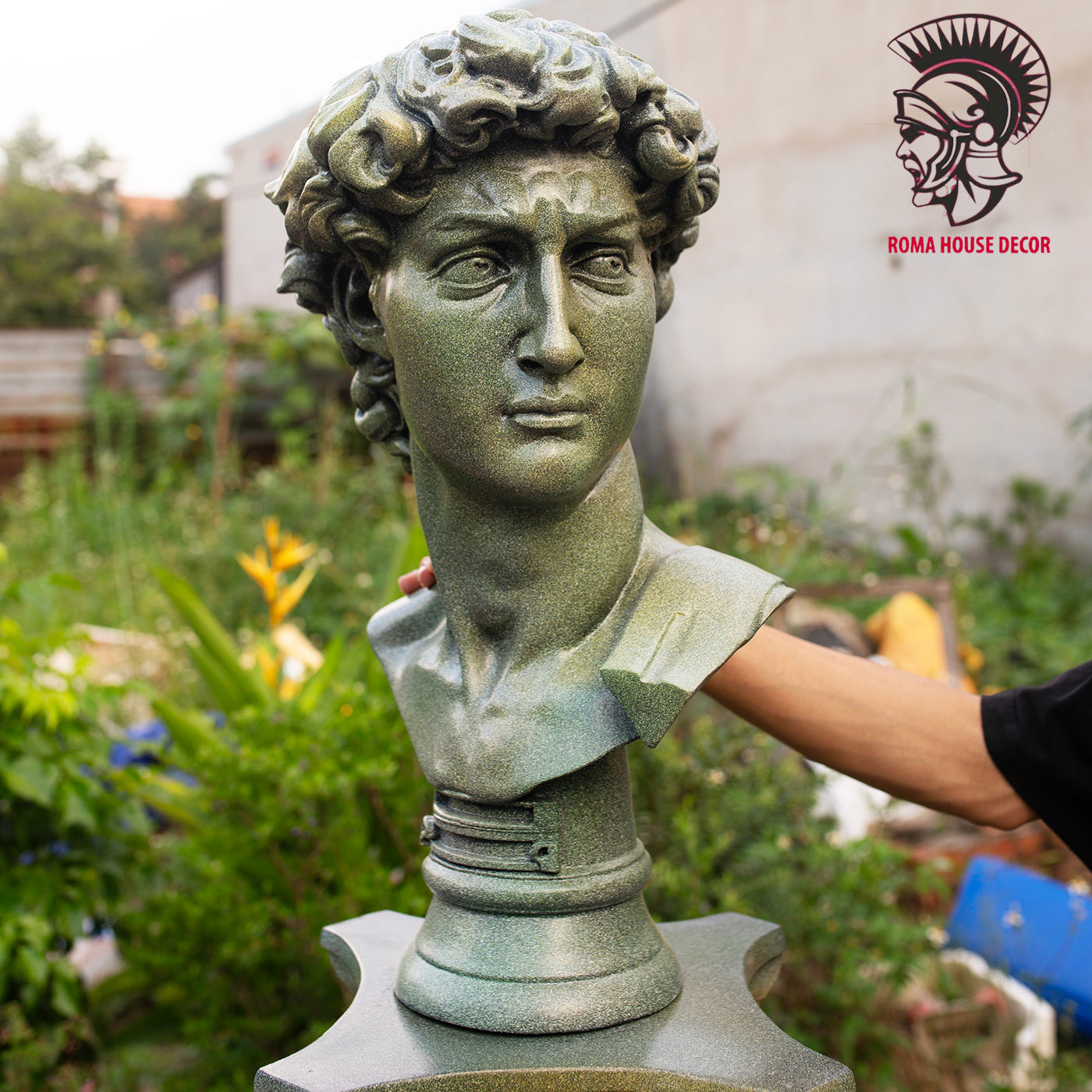 Greek David Bust with Corinthian Column – Classic Roman Style Decor Set, Green Stone Finish (21.6" & 30.7")