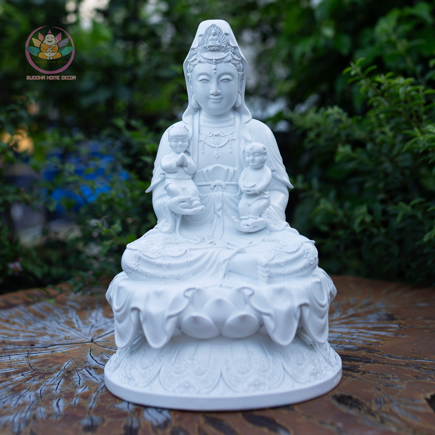 Quan Yin with Children Statue 11.8" | Composite Resin and Stone Powder | White Finish Guanyin Bodhisattva