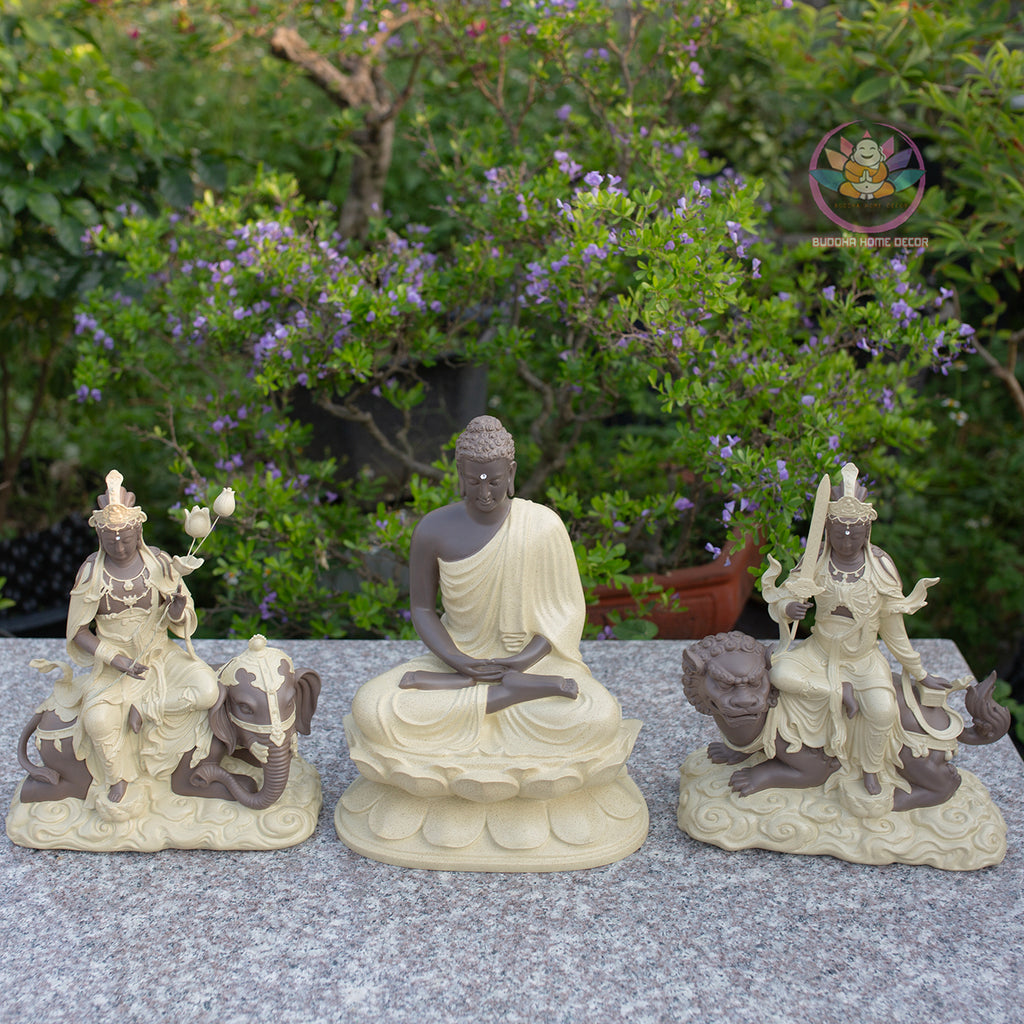 Huayan Trinity Buddha Statue Set, Shakyamuni Manjushri Samantabhadra, Ceramic Beige Finish, Buddhist Altar Set, Zen Meditation Decor