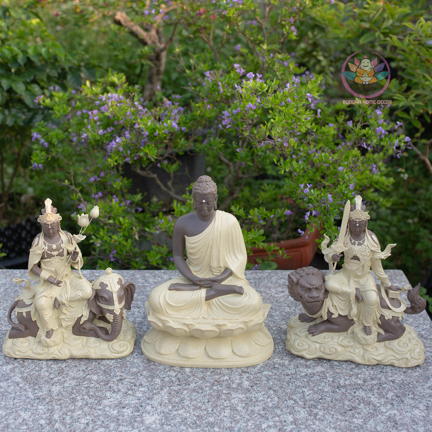 Huayan Trinity Buddha Statue Set, Shakyamuni Manjushri Samantabhadra, Ceramic Beige Finish, Buddhist Altar Set, Zen Meditation Decor