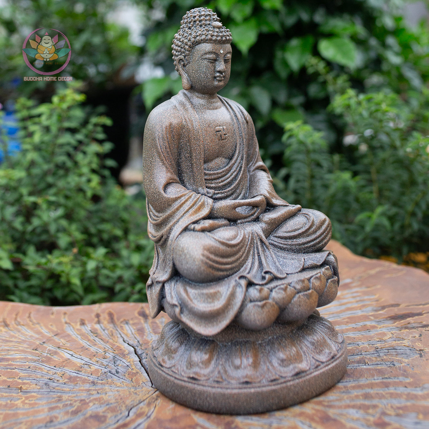 Amitabha Buddha Statue 11.8" – Antique Stone Finish Seated Amida Buddha on Lotus Pedestal