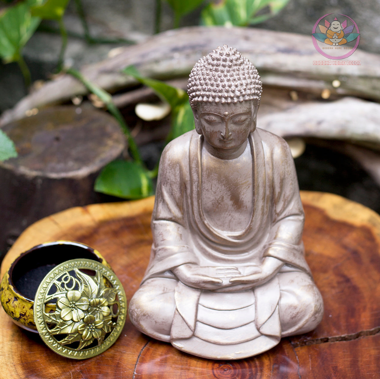 Small Stone Finish Buddha Statue – 9.8" Resin Meditating Buddha Figurine – Zen Altar, Meditation Space, Peaceful Home Decor Gift