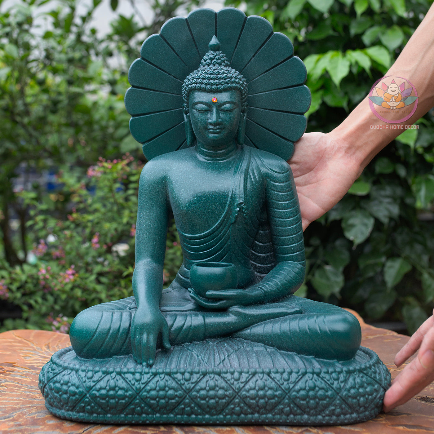 Thai Buddha Statue 15.3" – Composite Seated Buddha with Lotus Bowl and Halo, Antique Green Finish Meditation Sculpture