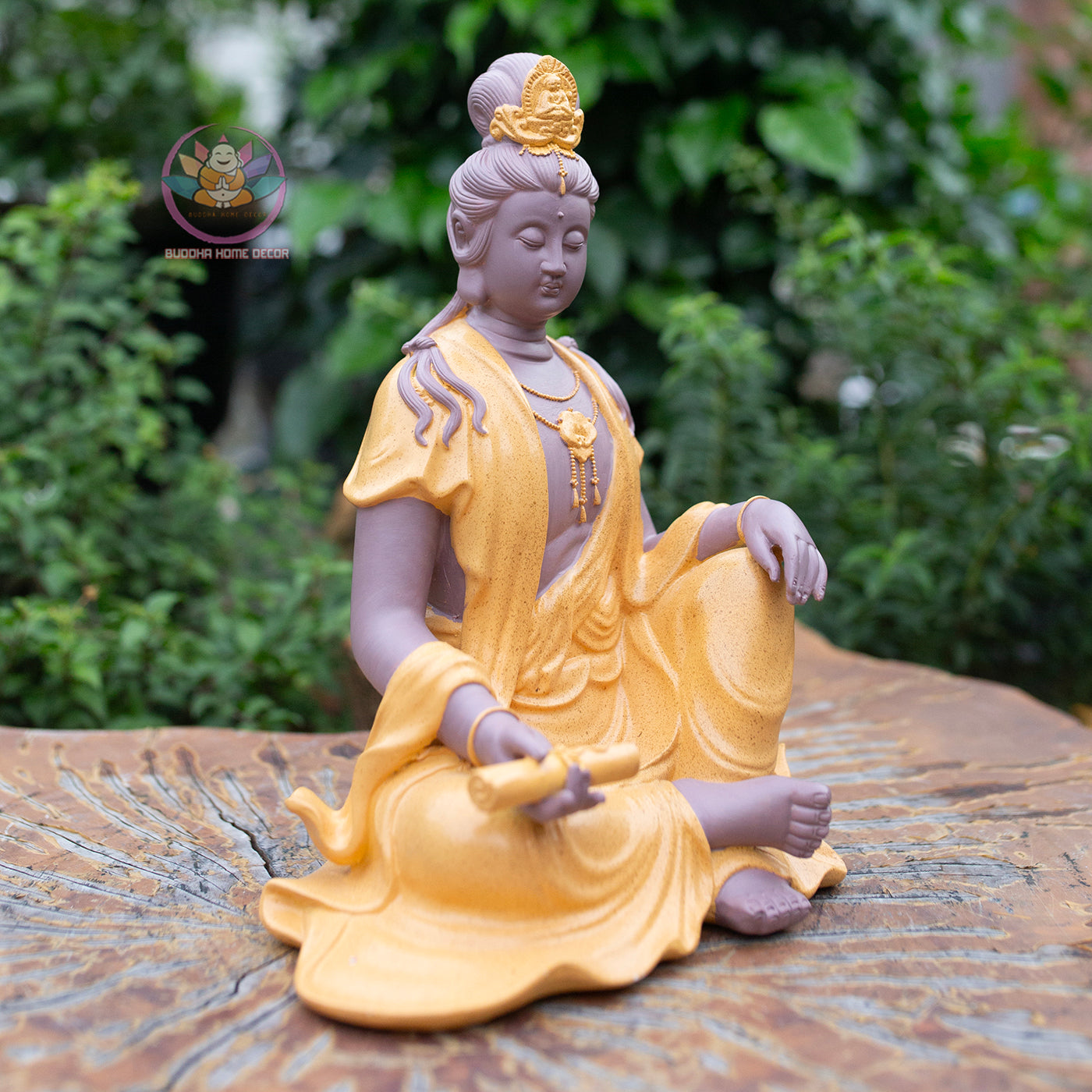 Guanyin Bodhisattva Statue 9.8" – Resin & Stone Powder Seated Kwan Yin in Golden Jade Finish
