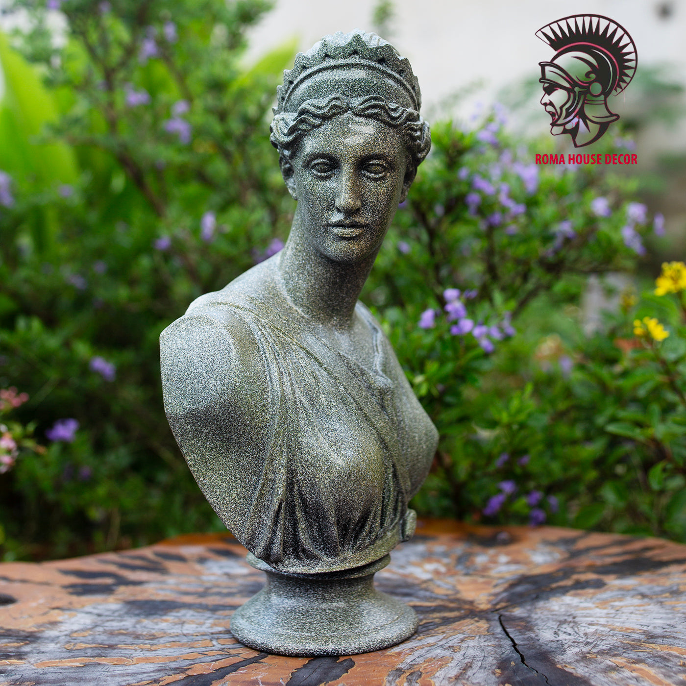 Greek Goddess Artemis Bust with Column Pedestal – Classic Green Stone Finish Sculpture Set (11.8" & 13")