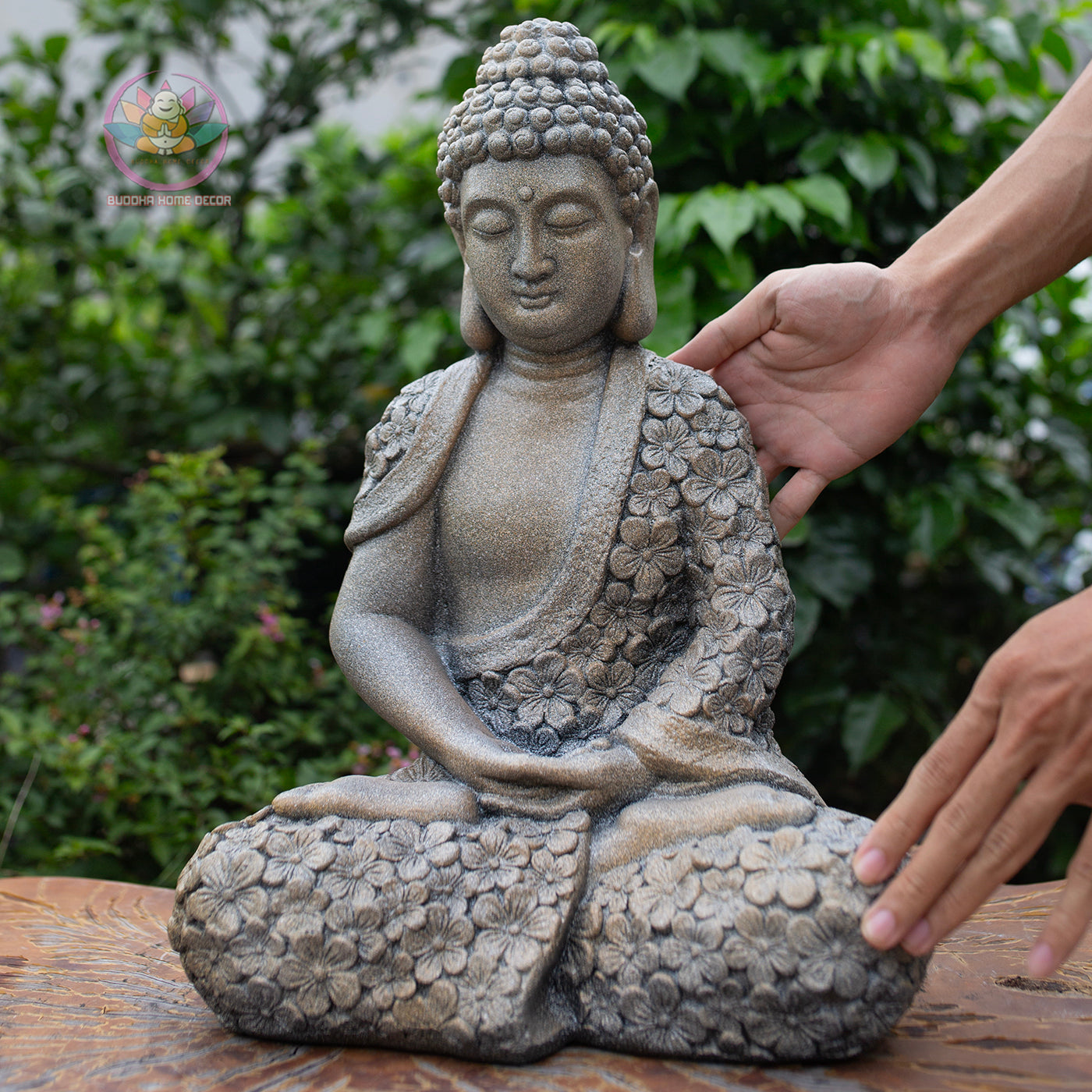 Meditating Buddha Statue 16.9" – Antique Stone Finish Floral Robe Buddha Sculpture