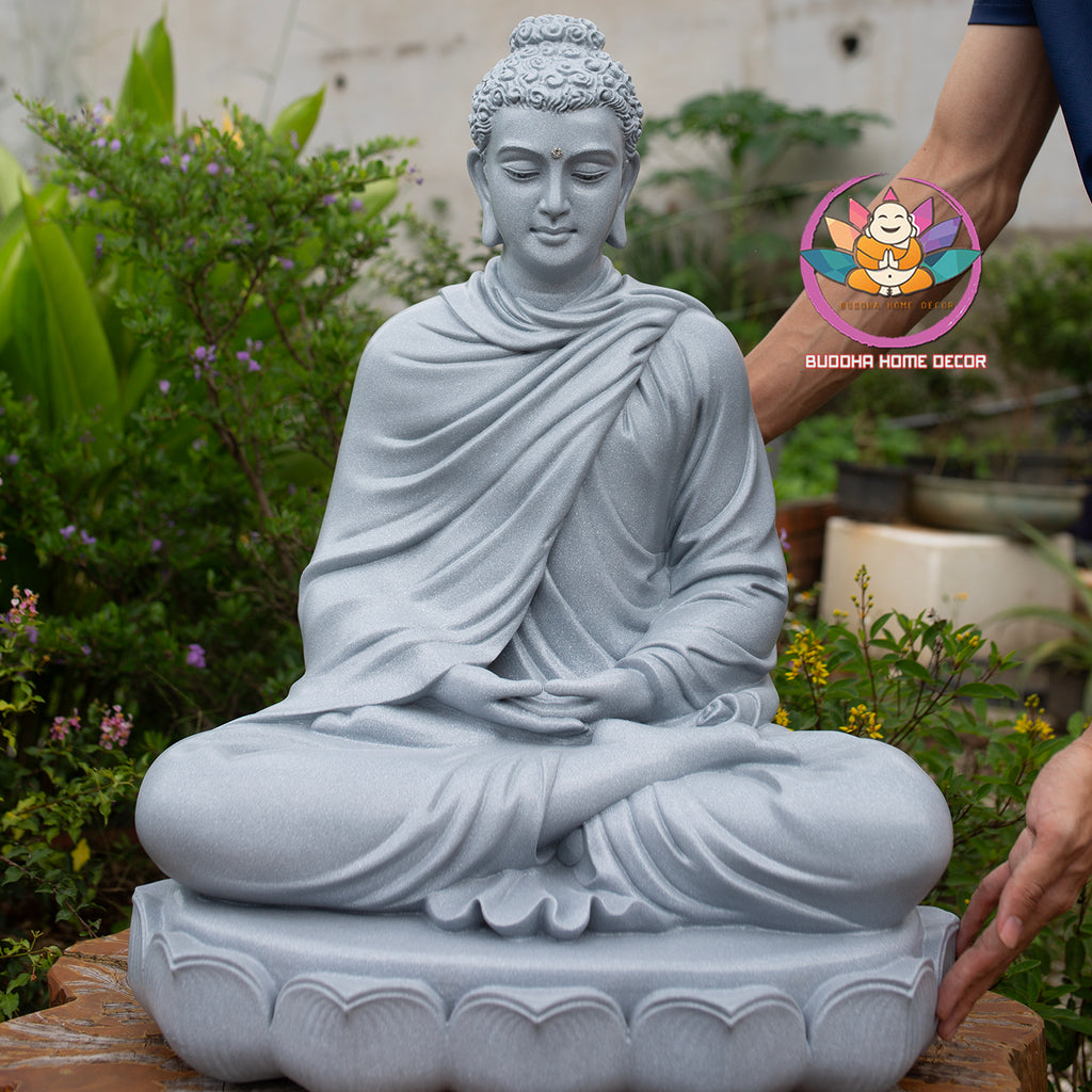 Shakyamuni Buddha Statue 23.6" | Composite Resin and Stone Powder | Grey Stone Finish | Seated Meditation Buddha on Lotus Pedestal