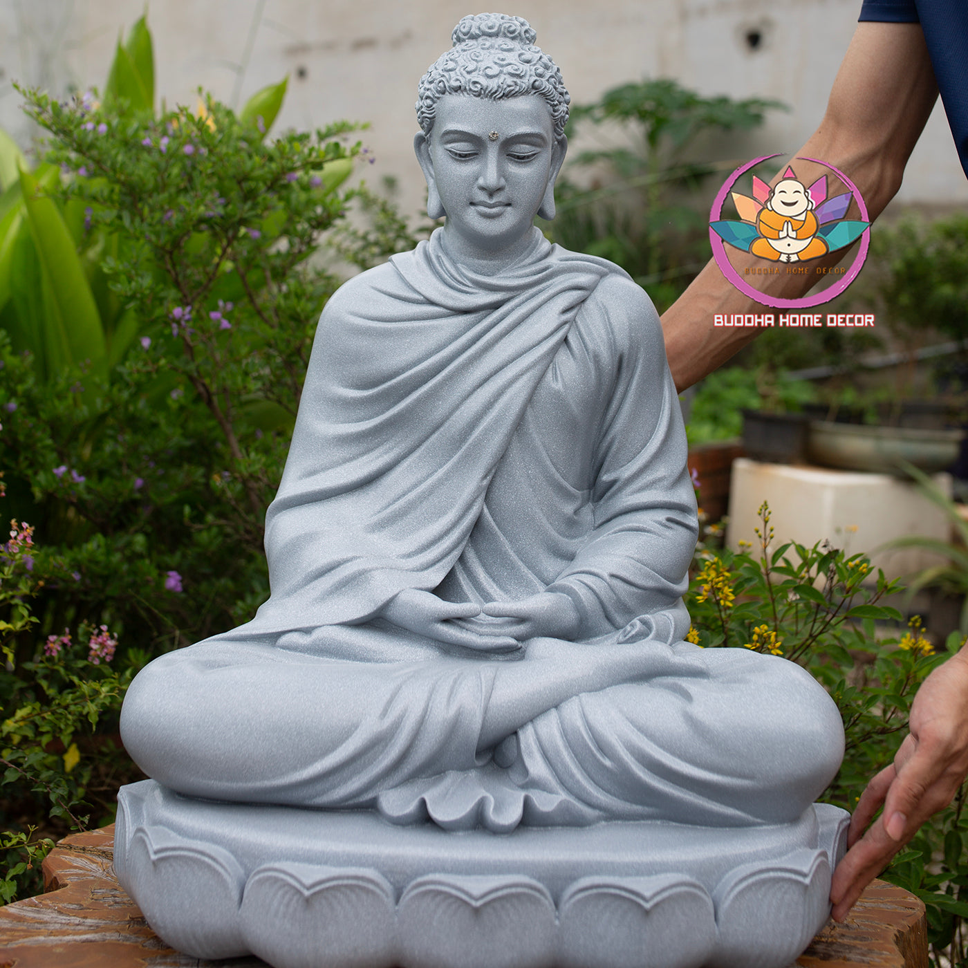 Shakyamuni Buddha Statue 23.6" | Composite Resin and Stone Powder | Grey Stone Finish | Seated Meditation Buddha on Lotus Pedestal