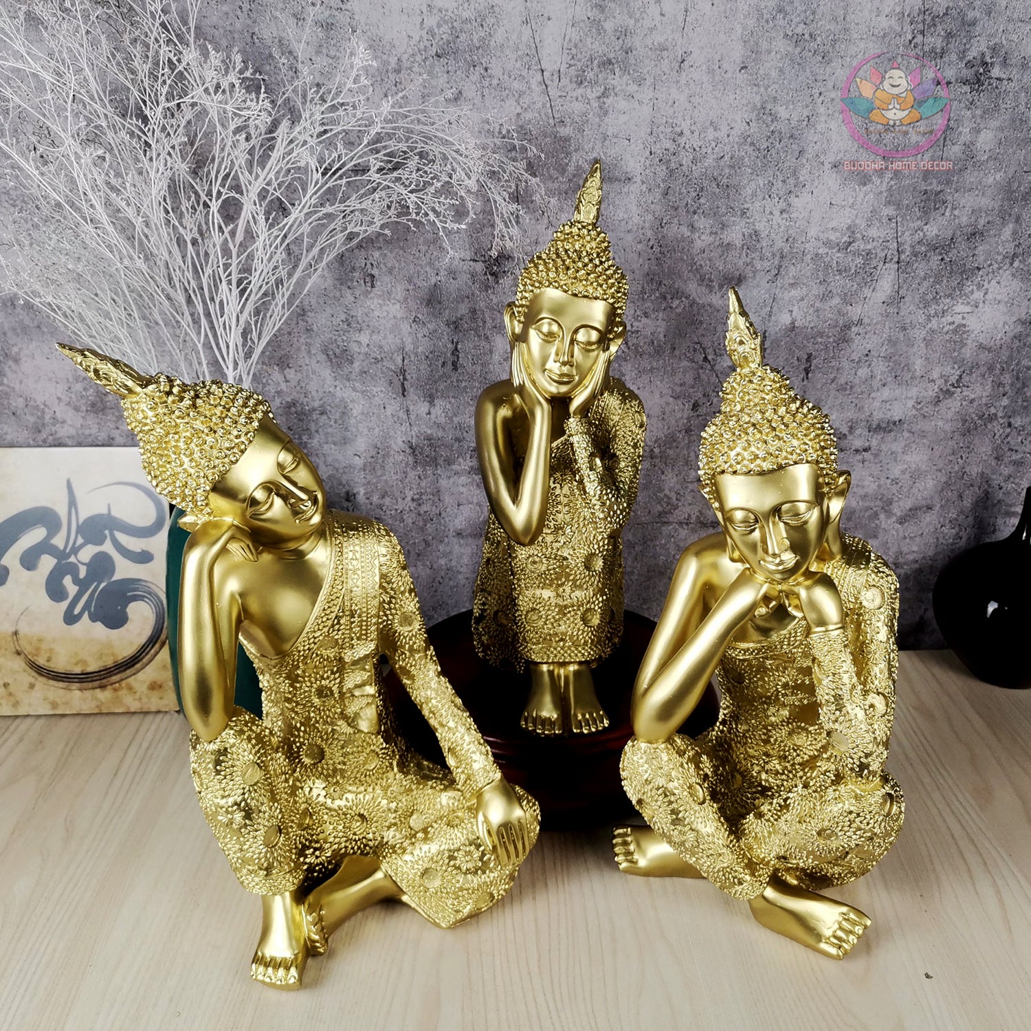 Gold Buddha Trio Statue Set – 14.6" Resin Meditating Buddhas – Peaceful Zen Home Altar, Meditation Space, Spiritual Decor Gift