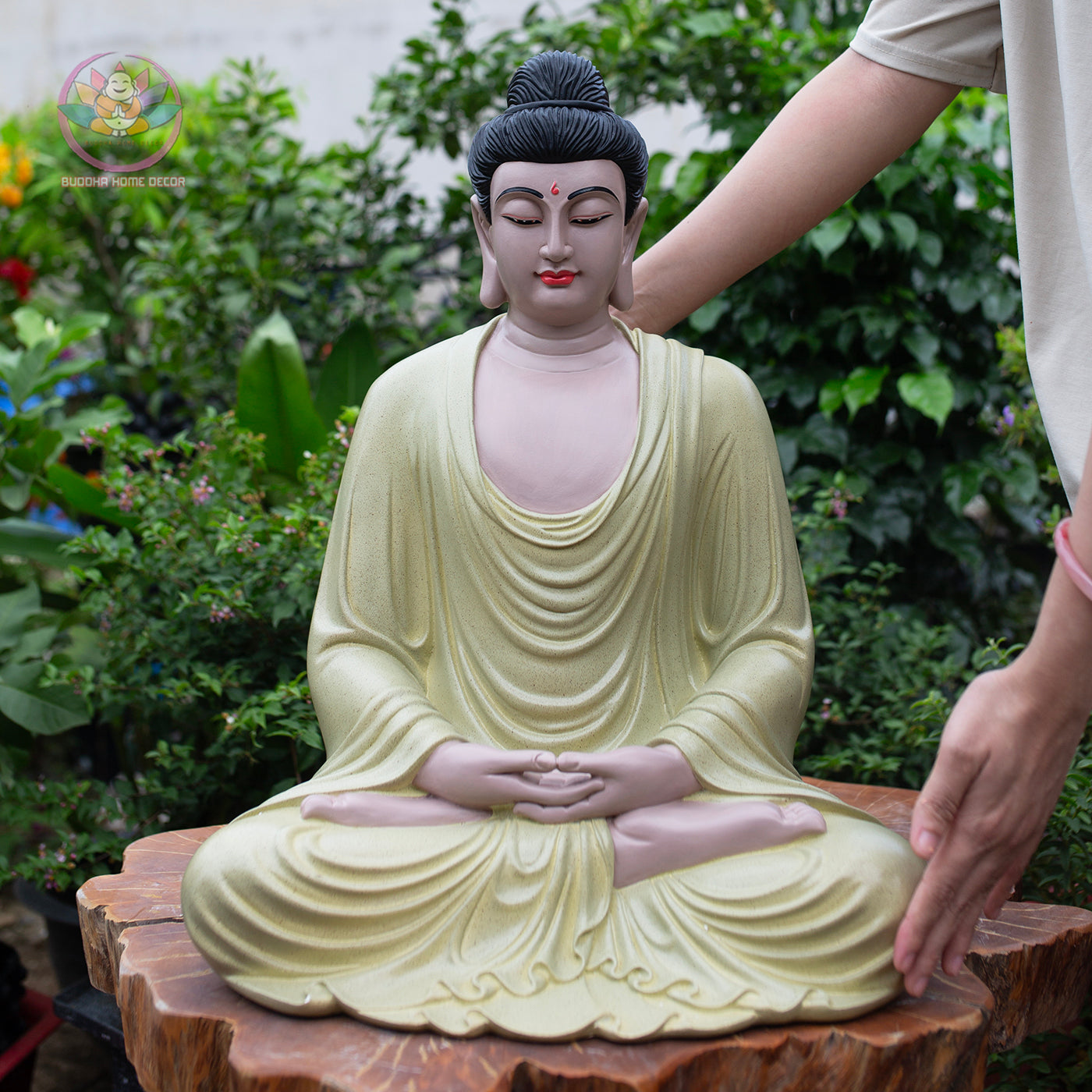 Ivory Yellow Buddha Statue – 21.7" (55cm) Shakyamuni in Meditation | Matte Resin Finish | Handcrafted Vietnamese Buddhist Sculpture