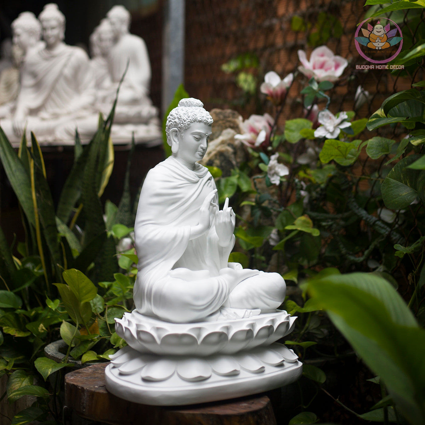 White Buddha Teaching Statue – 19.7" Resin Shakyamuni Turning the Dharma Wheel – Zen Altar, Meditation Space, Spiritual Decor Gift