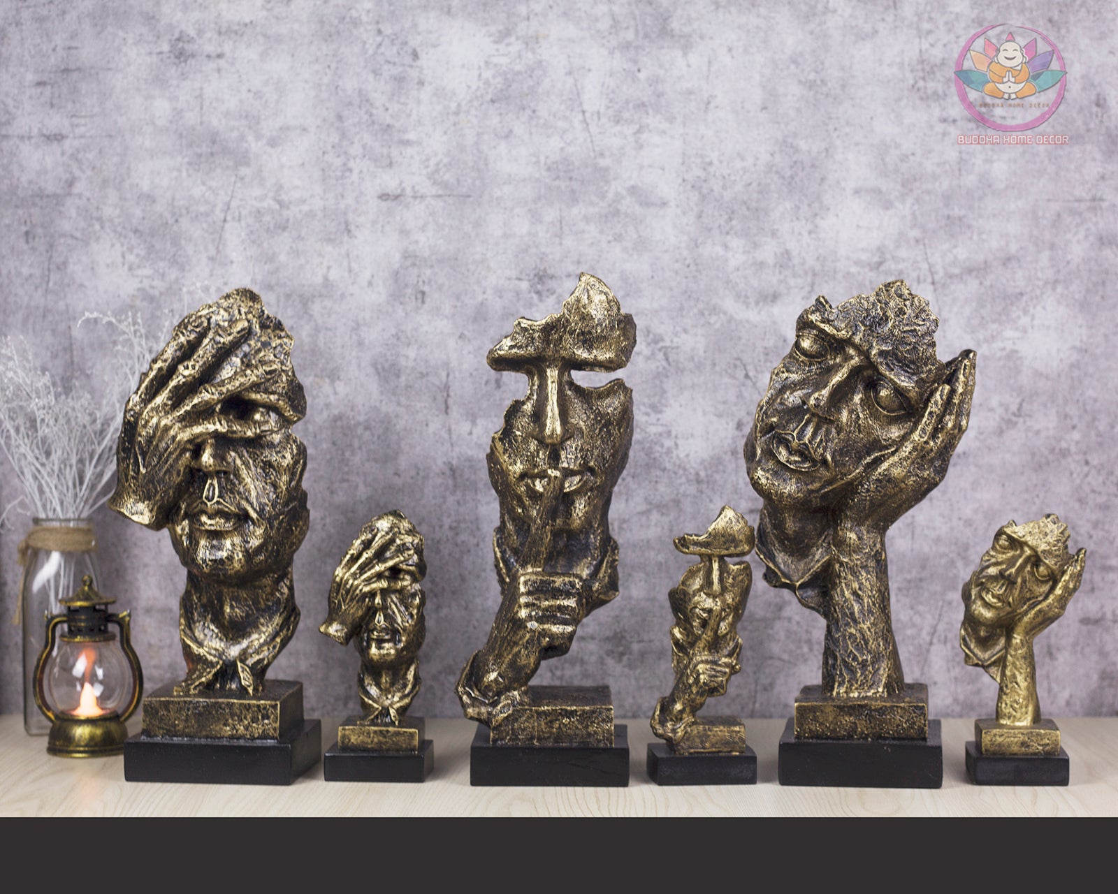 3 Wise Faces Sculpture Set – Hear No Evil, Speak No Evil, See No Evil – Modern Abstract Resin Statue Home Office Shelf Decor