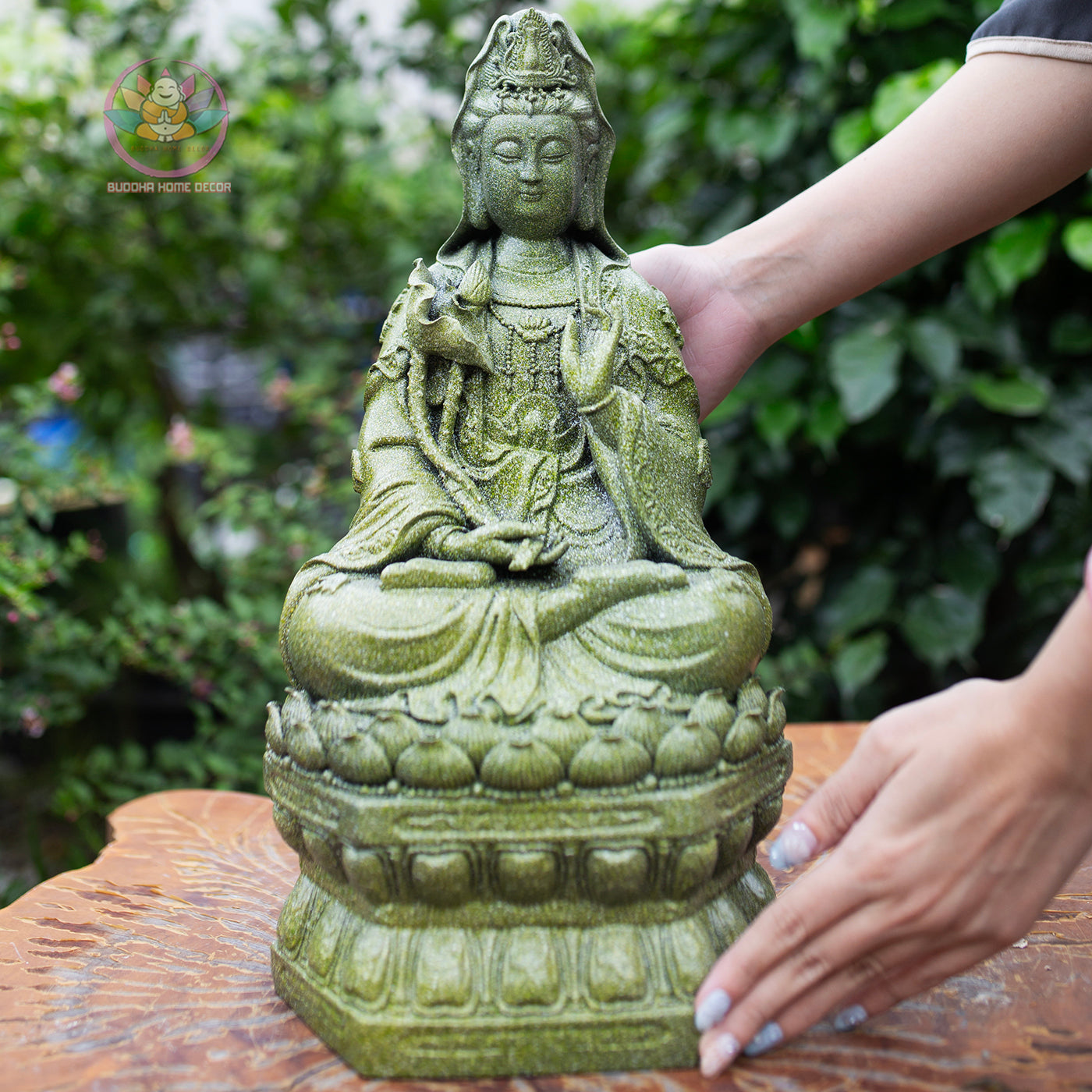 Guanyin Bodhisattva Statue 15.7" – Antique Green Stone Resin Kwan Yin Sculpture, Goddess of Mercy Figurine, Zen Buddhist Altar Decor Gift
