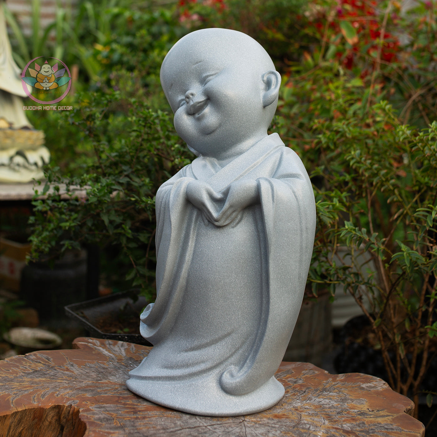 Happy Little Monk Statue 19.7" | Composite Resin and Stone Powder | Grey Stone Finish | Zen Monk Figurines for Home and Garden Decor
