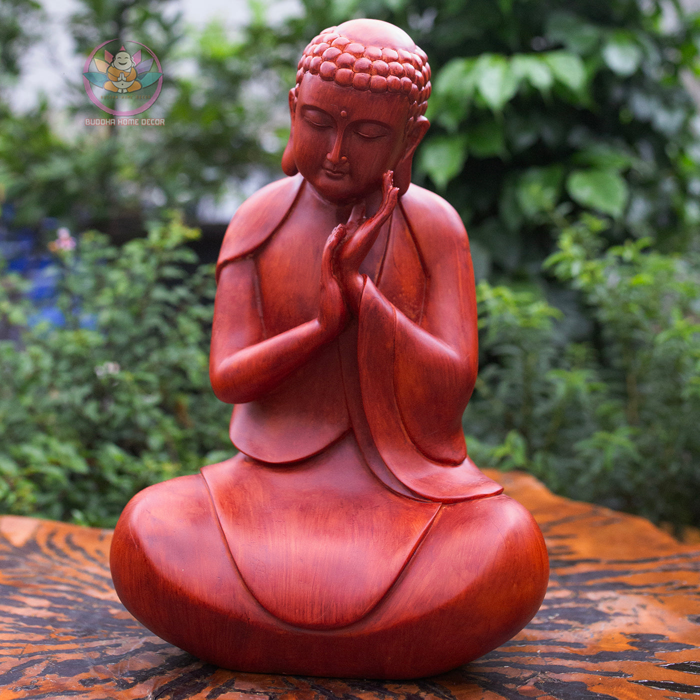 Resting Buddha Statue 13.8" – Red Wood Finish Peaceful Meditating Buddha Sculpture