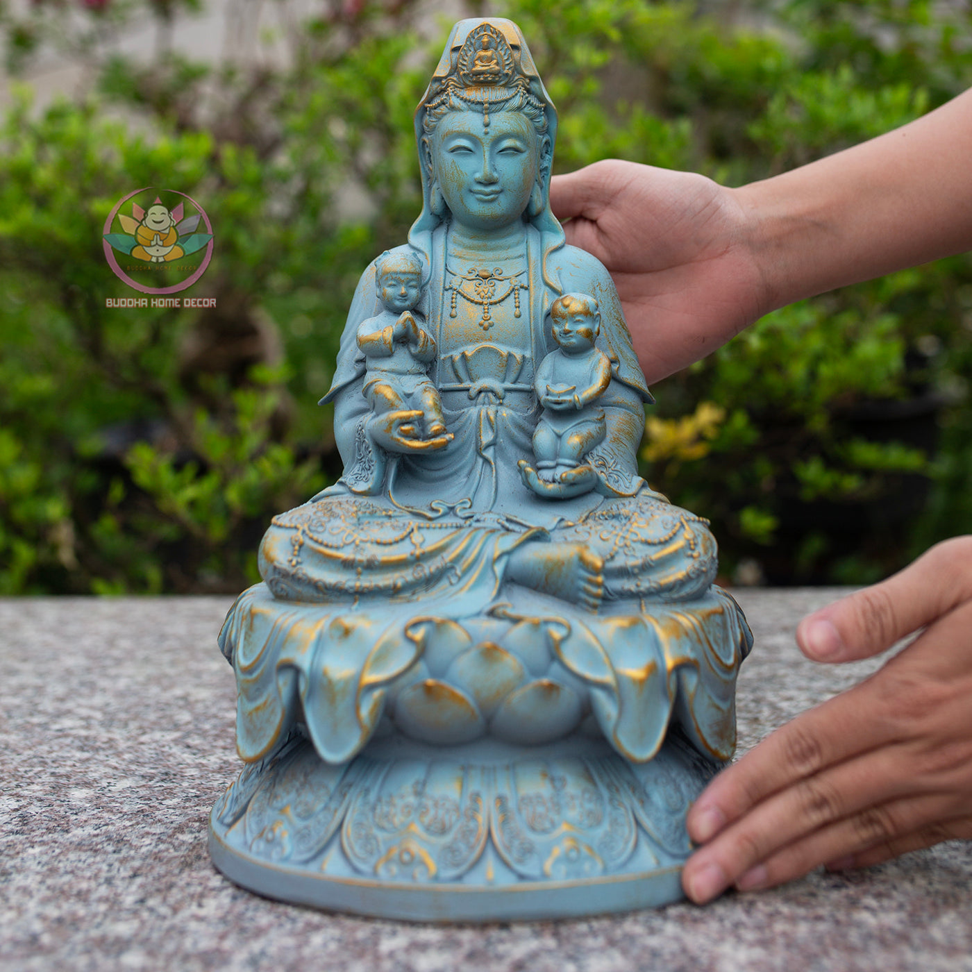 Quan Yin with Children Statue 11.8" | Composite Resin and Stone Powder | Blue Finish Guanyin Bodhisattva