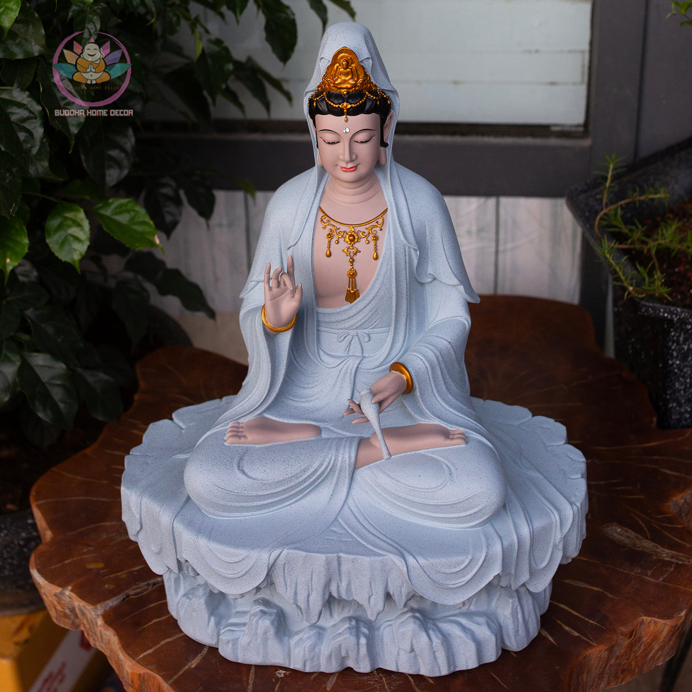 Guanyin Bodhisattva Statue 17.7" – Large Resin Kwan Yin Sitting on Rock Pedestal, Goddess of Mercy Sculpture, Zen Buddhist Altar Decor