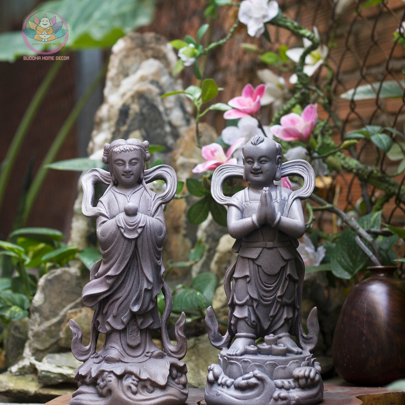 Heavenly Attendant Statue Set 11.8” | Boy & Girl Attendants (Tien Dong Ngoc Nu) | Resin Figurines for Altar, Buddhist Decor